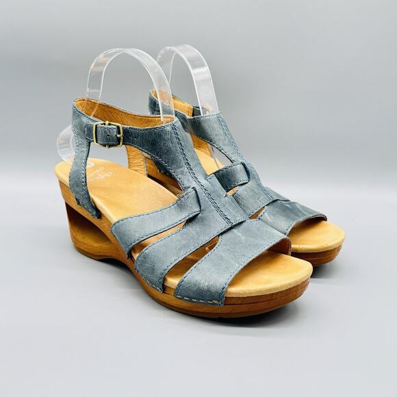 Dansko Shoes Womens 9.5 Blue Leather Sandals Trudy Wooden Wedge Ankle Strappy - Picture 2 of 11